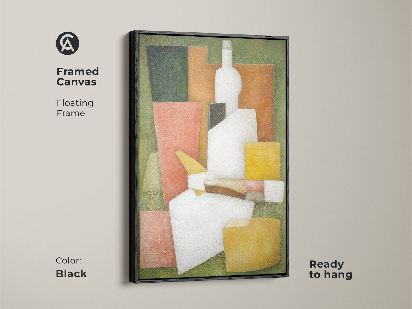 Framed canvas featuring a floating frame in black. The modern cubist still life print is ready to hang. This geometric bottle artwork showcases green white and orange. It is a stylish and sophisticated piece for any room.