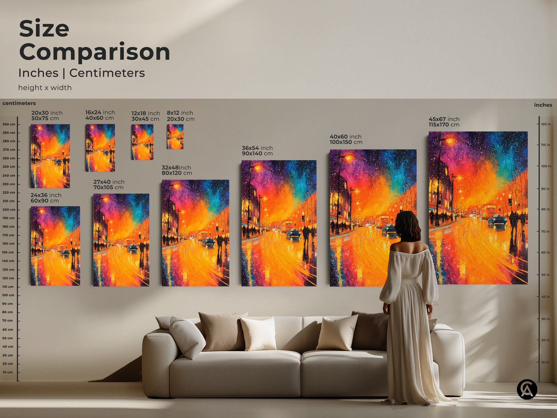 Compare sizes effortlessly with our visual guide for canvas and poster art. See how the dimensions of this vibrant city street artwork relate to furniture and space. Find the perfect size to enhance your room decor. Explore our range of sizes today.