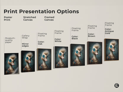 Explore presentation options for steampunk duck artwork. Choose from poster prints to stretched canvas and framed canvas. Each offers museum quality and easy display. Perfect for adding eclectic wall decor to any space. Find the ideal unique animal gift here.
