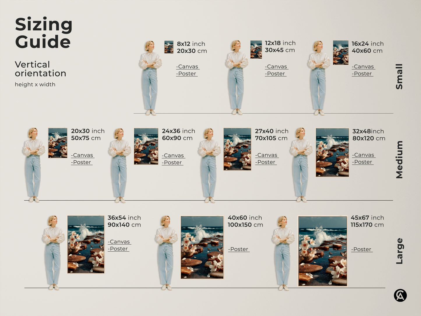 Sizing guide for ocean wave and cherry blossom canvas and poster art. Visualize the artwork in small medium and large sizes. Find the perfect fit for any space. Choose the ideal dimensions to suit your needs