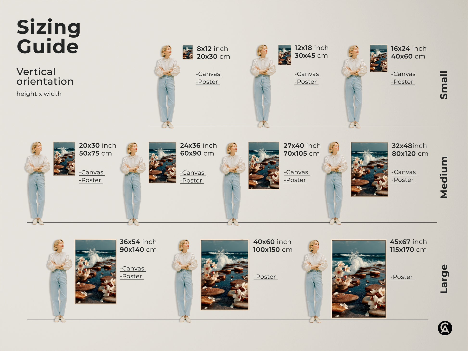 Sizing guide for ocean wave and cherry blossom canvas and poster art. Visualize the artwork in small medium and large sizes. Find the perfect fit for any space. Choose the ideal dimensions to suit your needs