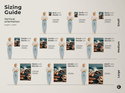 Sizing guide for ocean wave and cherry blossom canvas and poster art. Visualize the artwork in small medium and large sizes. Find the perfect fit for any space. Choose the ideal dimensions to suit your needs