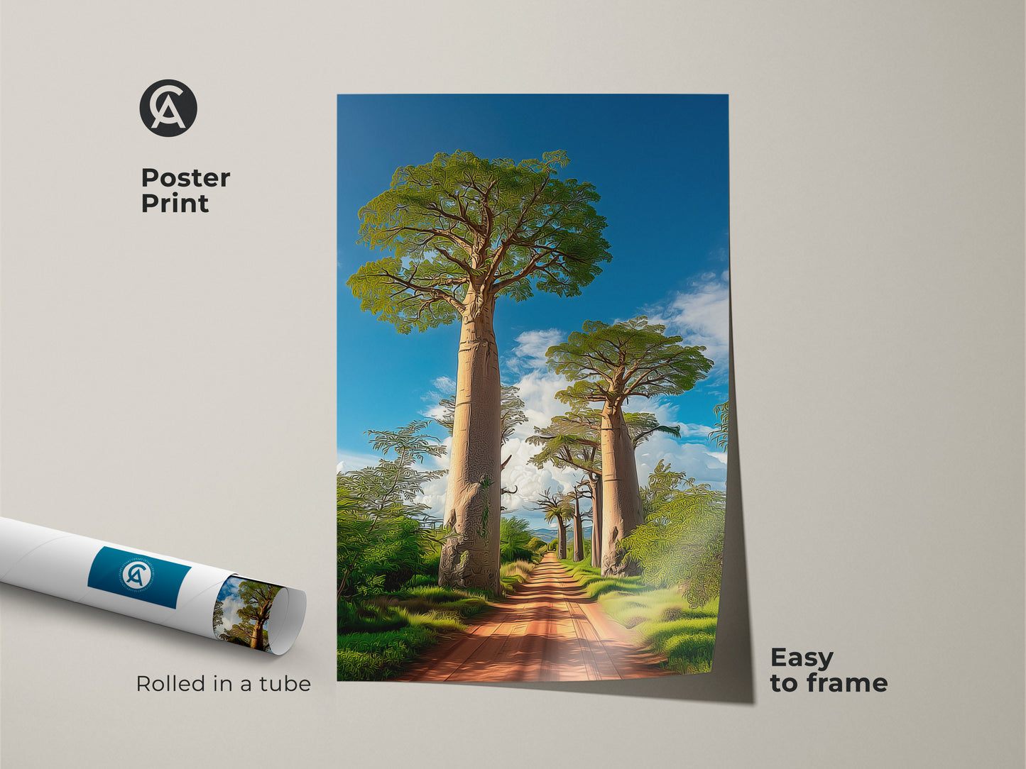 Poster print of a boho Baobab tree African landscape. The artwork features a dirt road leading to Baobab trees under a blue sky. The travel themed wall art is rolled in a tube. Easy to frame nature art.