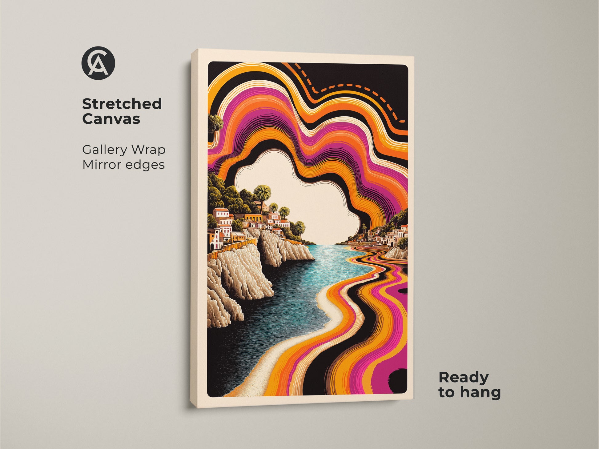Stretched Canvas featuring a Purple Orange Abstract Waves Artwork a Retro Coastal Town. This Gallery Wrapped Boho Landscape Wall Decor is ready to hang. The Psychedelic Beach Town canvas makes for unique bedroom decor.
