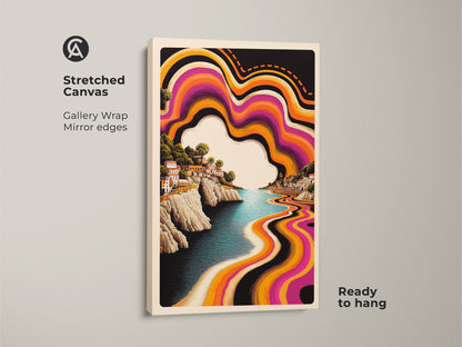 Stretched Canvas featuring a Purple Orange Abstract Waves Artwork a Retro Coastal Town. This Gallery Wrapped Boho Landscape Wall Decor is ready to hang. The Psychedelic Beach Town canvas makes for unique bedroom decor.