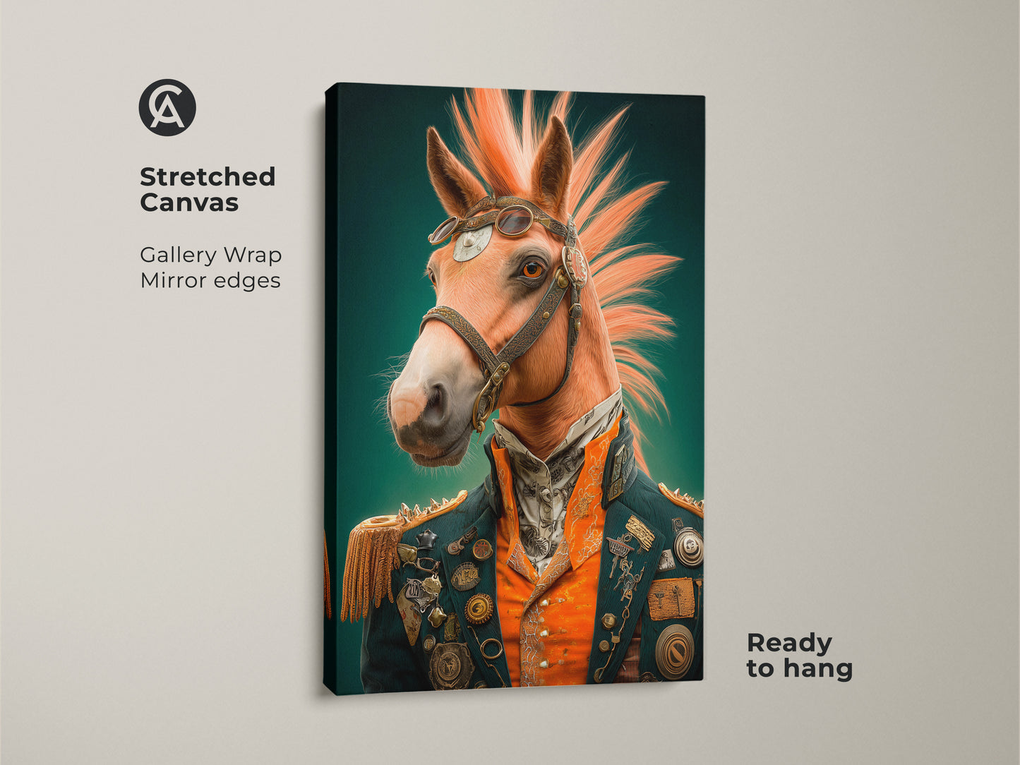 Stretched canvas gallery wrap featuring a steampunk horse. The Victorian-style animal artwork has mirror edges and is ready to hang. A unique piece of fantasy wall art.