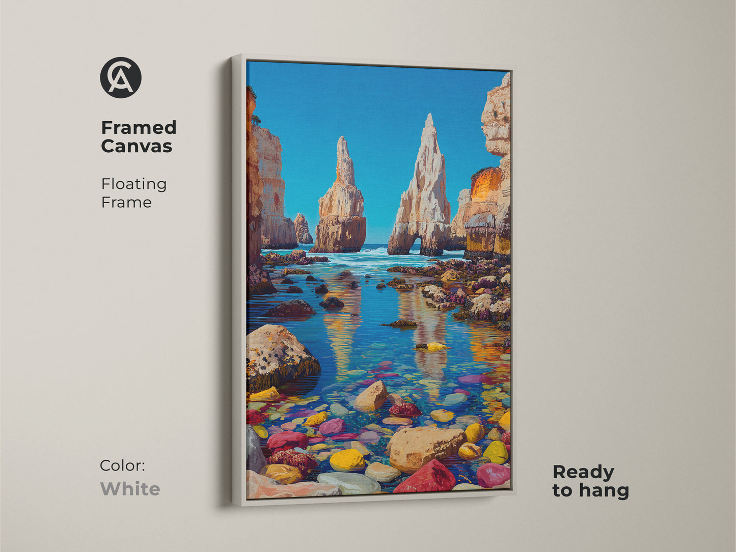 Framed canvas displays a floating frame in white. This artwork shows coastal cliffs wall art and an ocean landscape with bright blue sea art. This beach house art print is a vibrant coastal landscape. Ready to hang artwork.
