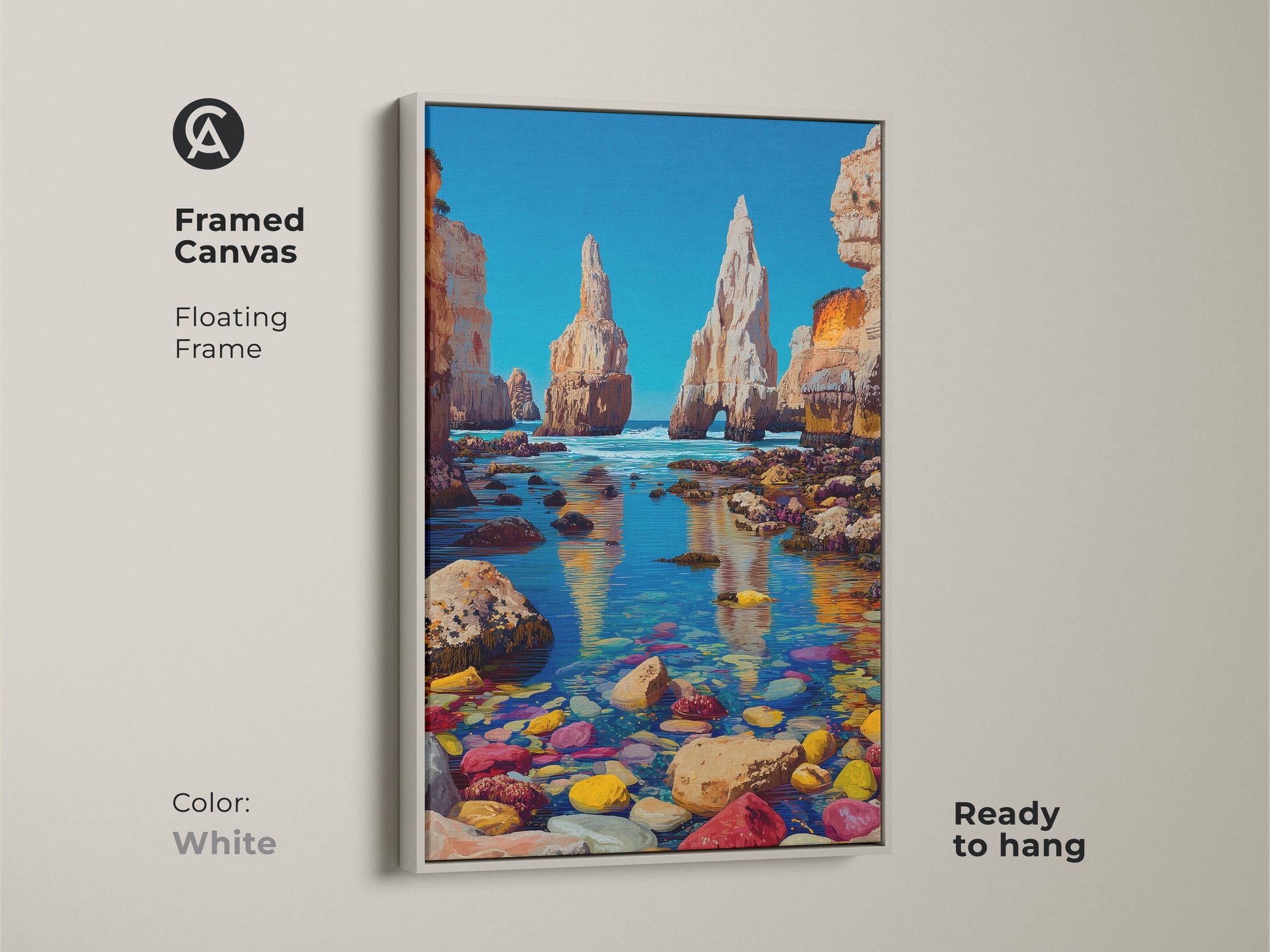 Framed canvas displays a floating frame in white. This artwork shows coastal cliffs wall art and an ocean landscape with bright blue sea art. This beach house art print is a vibrant coastal landscape. Ready to hang artwork.