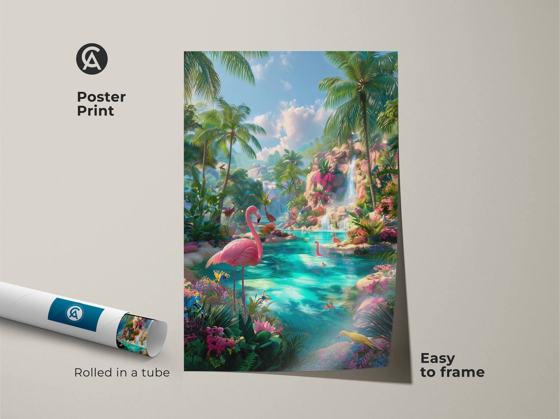 Poster print of a tropical flamingo lagoon. This museum-quality paper print features pink flamingos in a lush setting. The poster is rolled in a tube for easy framing. The vibrant colors and tropical scene bring paradise to your walls. Easy to frame and display.
