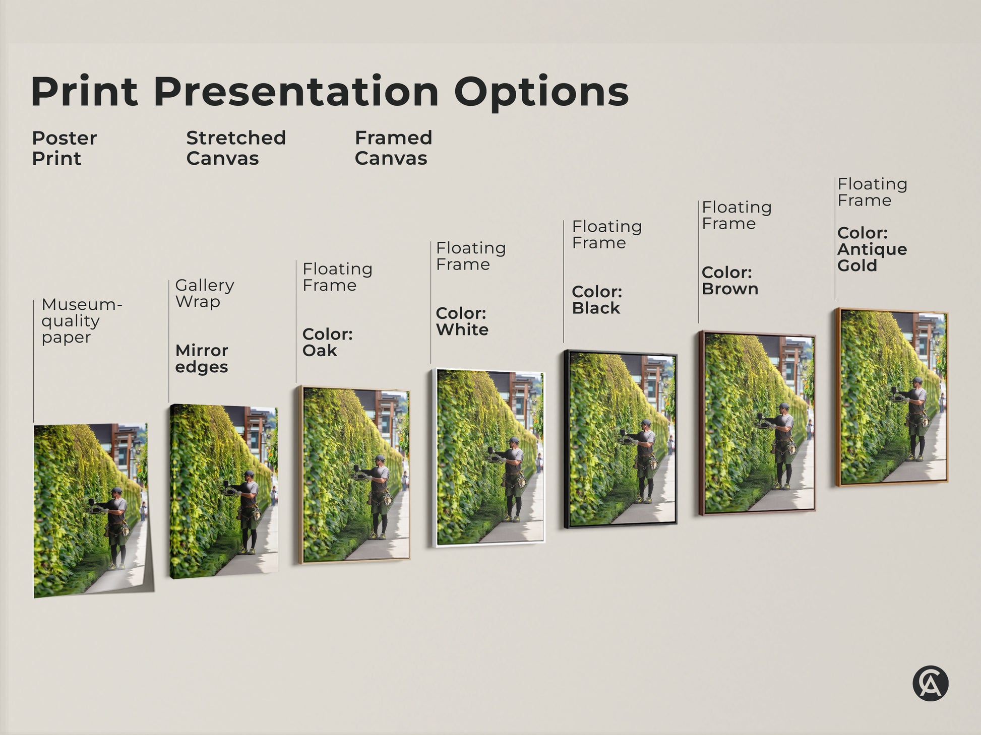 Explore print presentation options for our gardener trimming ivy wall art. Choose from poster prints stretched canvas and framed canvas. Each offers a unique way to display this emerald green nature photography.
