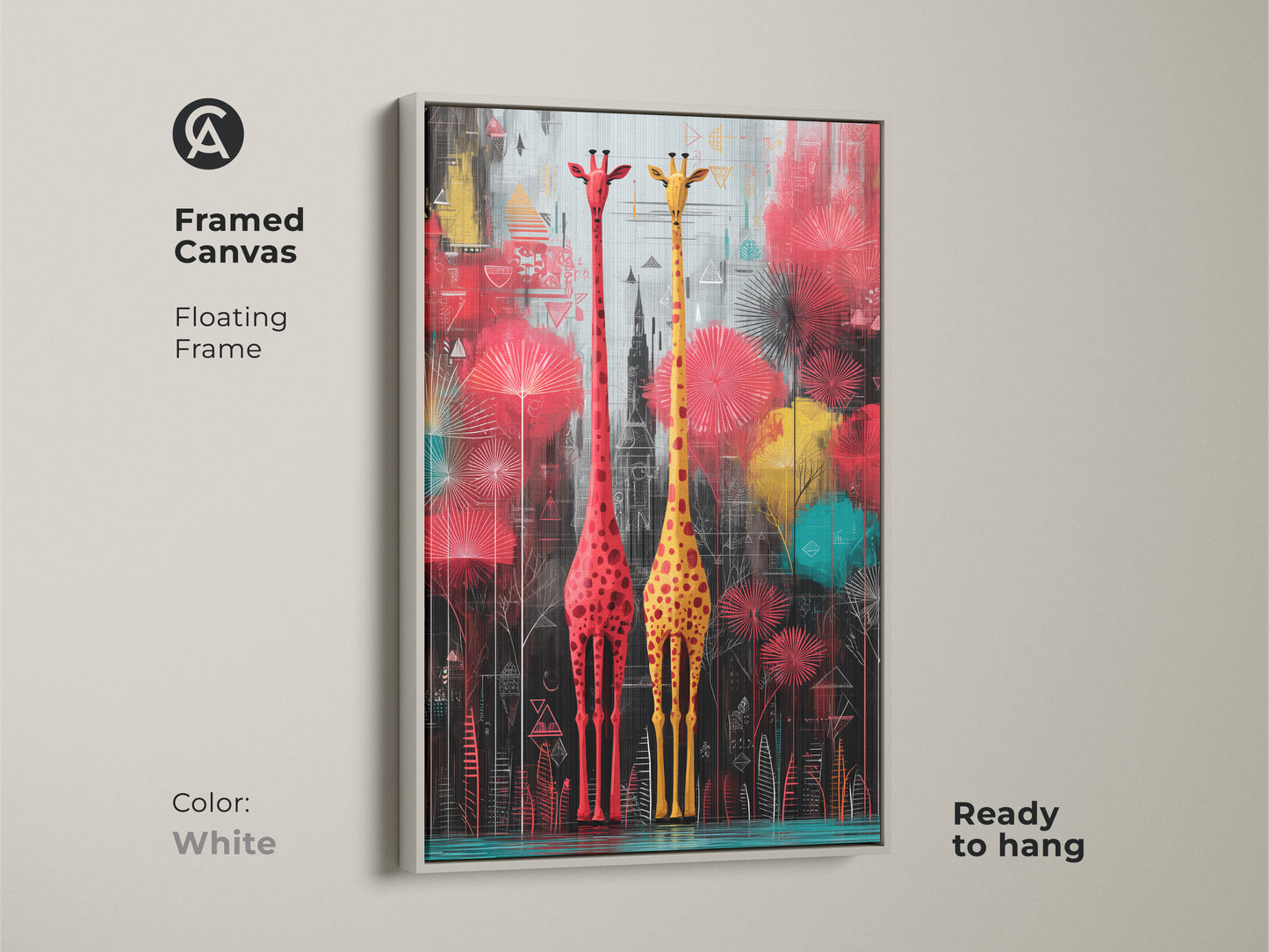 White framed canvas art featuring red and yellow giraffes. This abstract animal art adds a contemporary touch to any room. It is a perfect eclectic home decor canvas print.