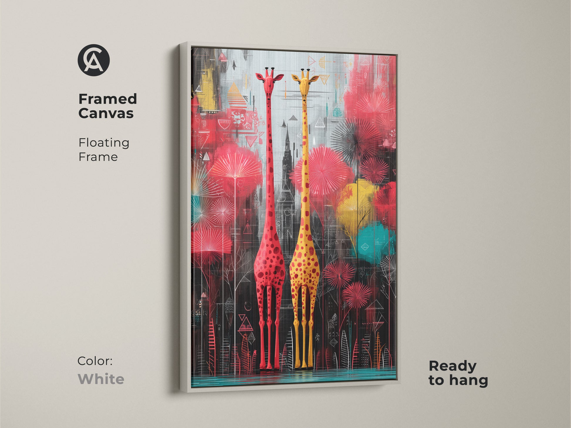 White framed canvas art featuring red and yellow giraffes. This abstract animal art adds a contemporary touch to any room. It is a perfect eclectic home decor canvas print.