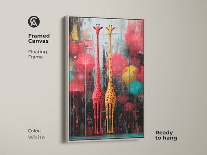 White framed canvas art featuring red and yellow giraffes. This abstract animal art adds a contemporary touch to any room. It is a perfect eclectic home decor canvas print.