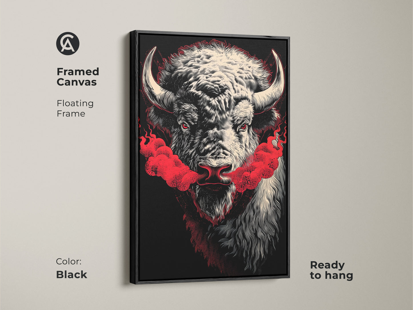 A framed canvas print of a buffalo head. Red smoke comes from the buffalo's nose. The frame is black and the canvas is ready to hang. Buy this unique buffalo artwork for your home. It will be ready to hang on arrival.
