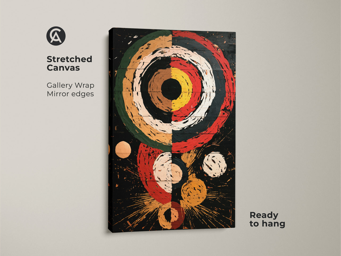 View of a stretched canvas print with a Retro Abstract Geometric pattern. This eclectic home decor art shows concentric circles and explosion shapes in red black and white. The mid century modern art is ready to hang and features gallery wrapped edges. This is a great retro style canvas.