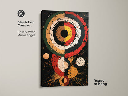 View of a stretched canvas print with a Retro Abstract Geometric pattern. This eclectic home decor art shows concentric circles and explosion shapes in red black and white. The mid century modern art is ready to hang and features gallery wrapped edges. This is a great retro style canvas.