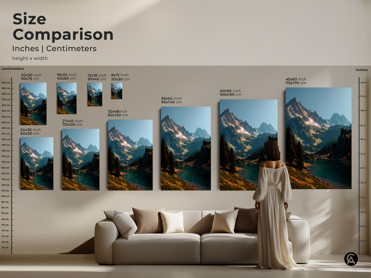 Size comparison of mountain landscape artwork. Available in multiple sizes to fit any space. Choose from canvas or poster prints. Find the perfect piece to complement your home decor. Transform your living room with stunning art. Shop our selection today.