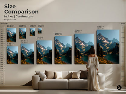 Size comparison of mountain landscape artwork. Available in multiple sizes to fit any space. Choose from canvas or poster prints. Find the perfect piece to complement your home decor. Transform your living room with stunning art. Shop our selection today.