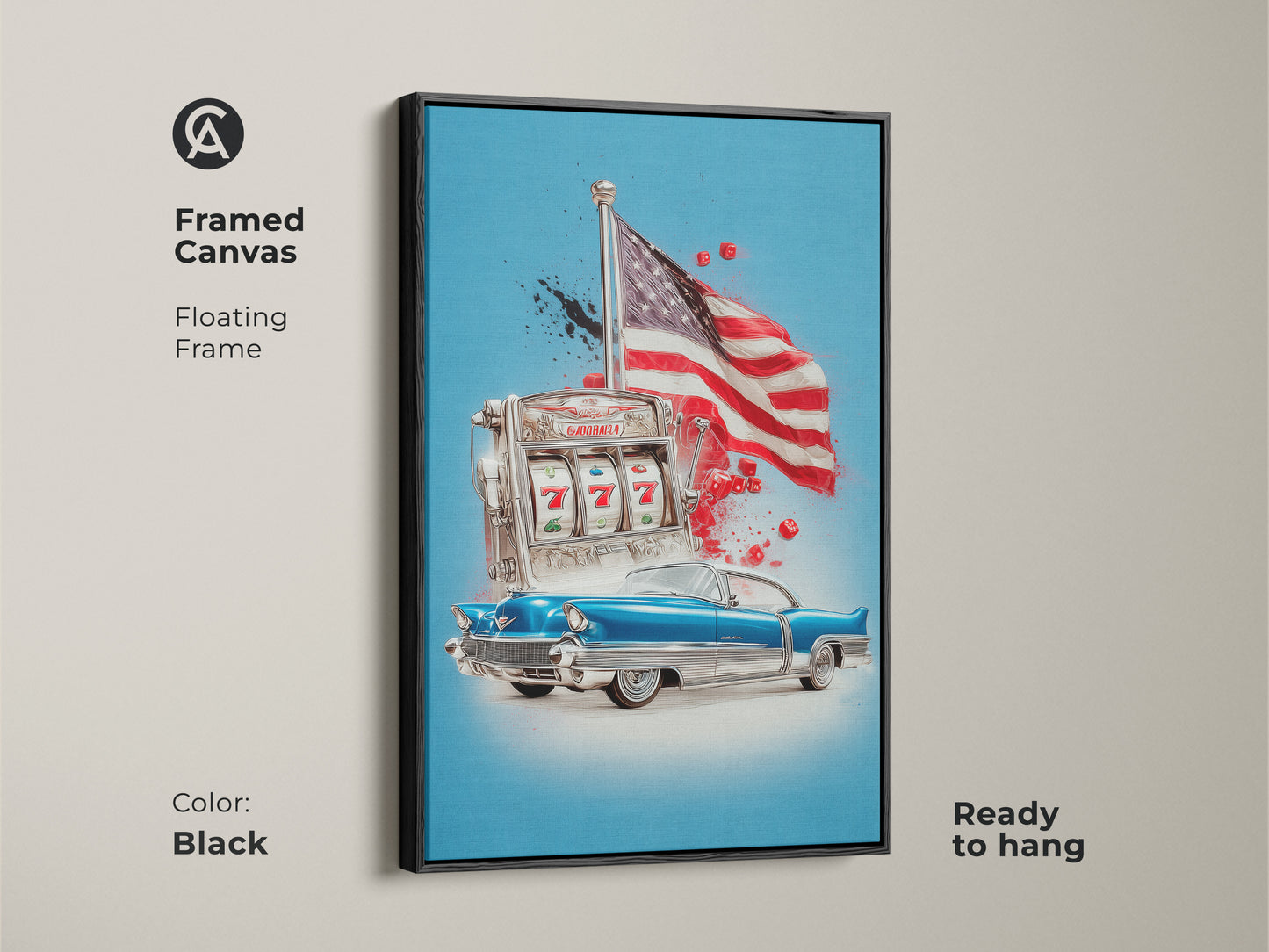 Framed in black this canvas art print features a retro pop art. Classic car a slot machine and the American Flag create a dynamic Americana theme. The floating frame enhances this office art making it ready to hang as man cave decor or eclectic home artwork.