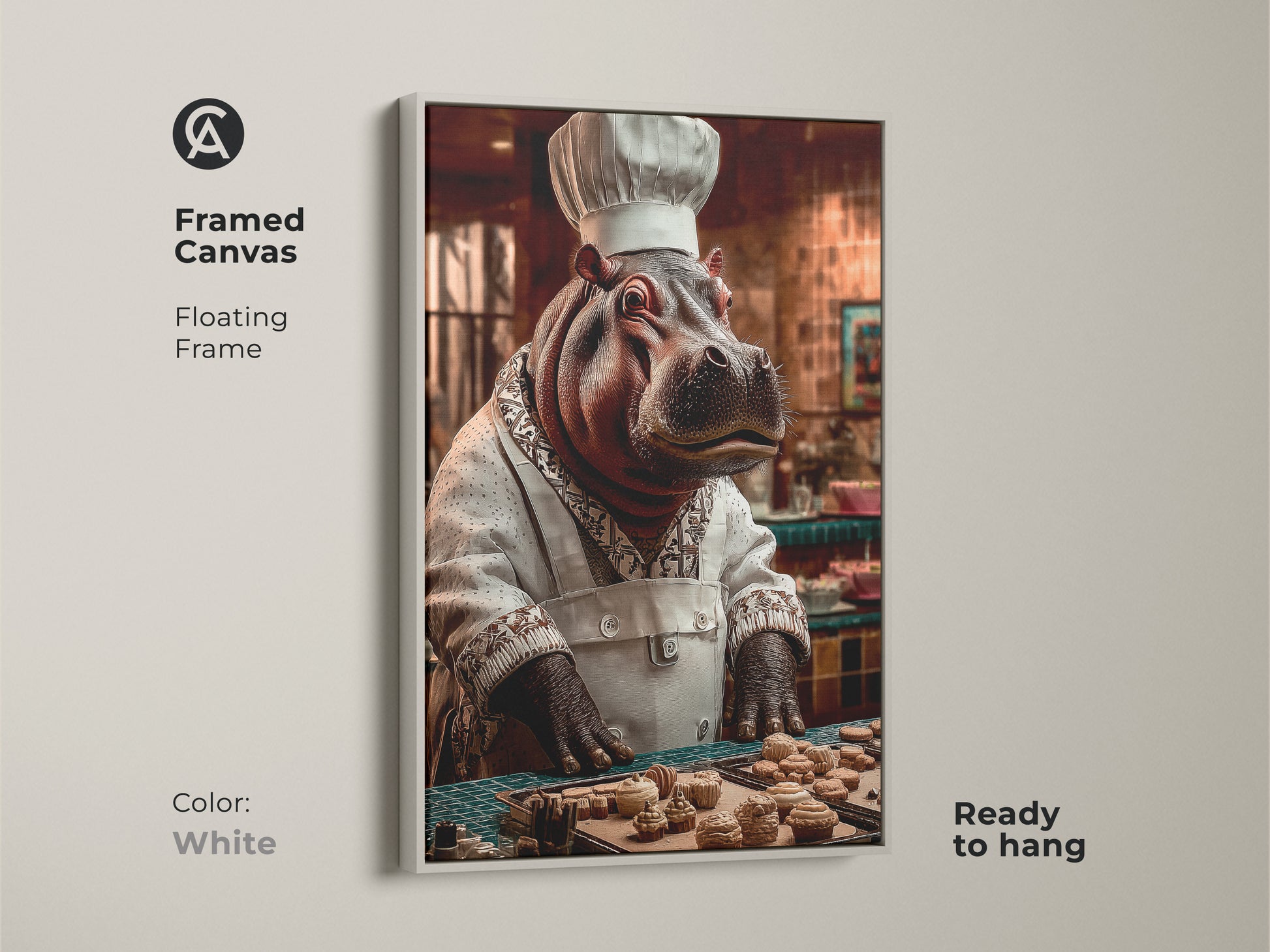 A framed canvas in white showcasing the hippo chef art is ready to hang. The animal chef illustration brings a touch of quirky charm. The customizable art print is ideal for eclectic home style. Consider it as a birthday gift for chefs.