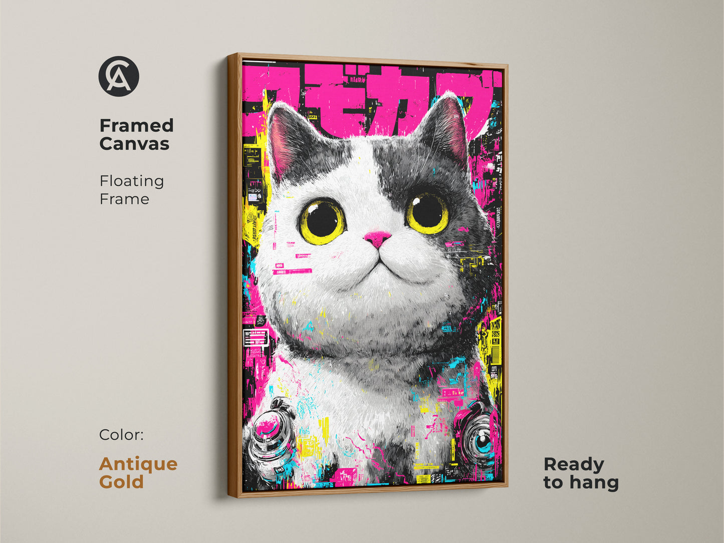 A framed canvas artwork showcases a cute cat with striking yellow eyes and cyberpunk elements. The antique gold floating frame adds a vintage touch. It's ready to hang and brings a touch of modern artwork to any space.