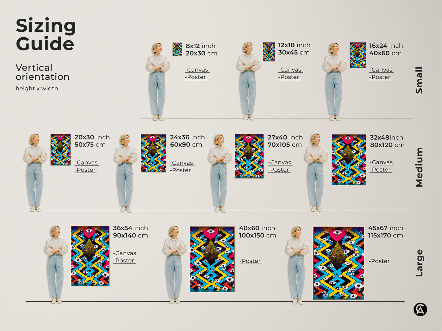 Sizing guide for surreal eye heart artwork in vertical orientation. Available in small medium and large sizes as canvas or poster. Dimensions include 8x12 to 45x67 inches. The psychedelic eclectic bedroom decor fits various spaces. Find the perfect fit for your magenta yellow blue wall art.
