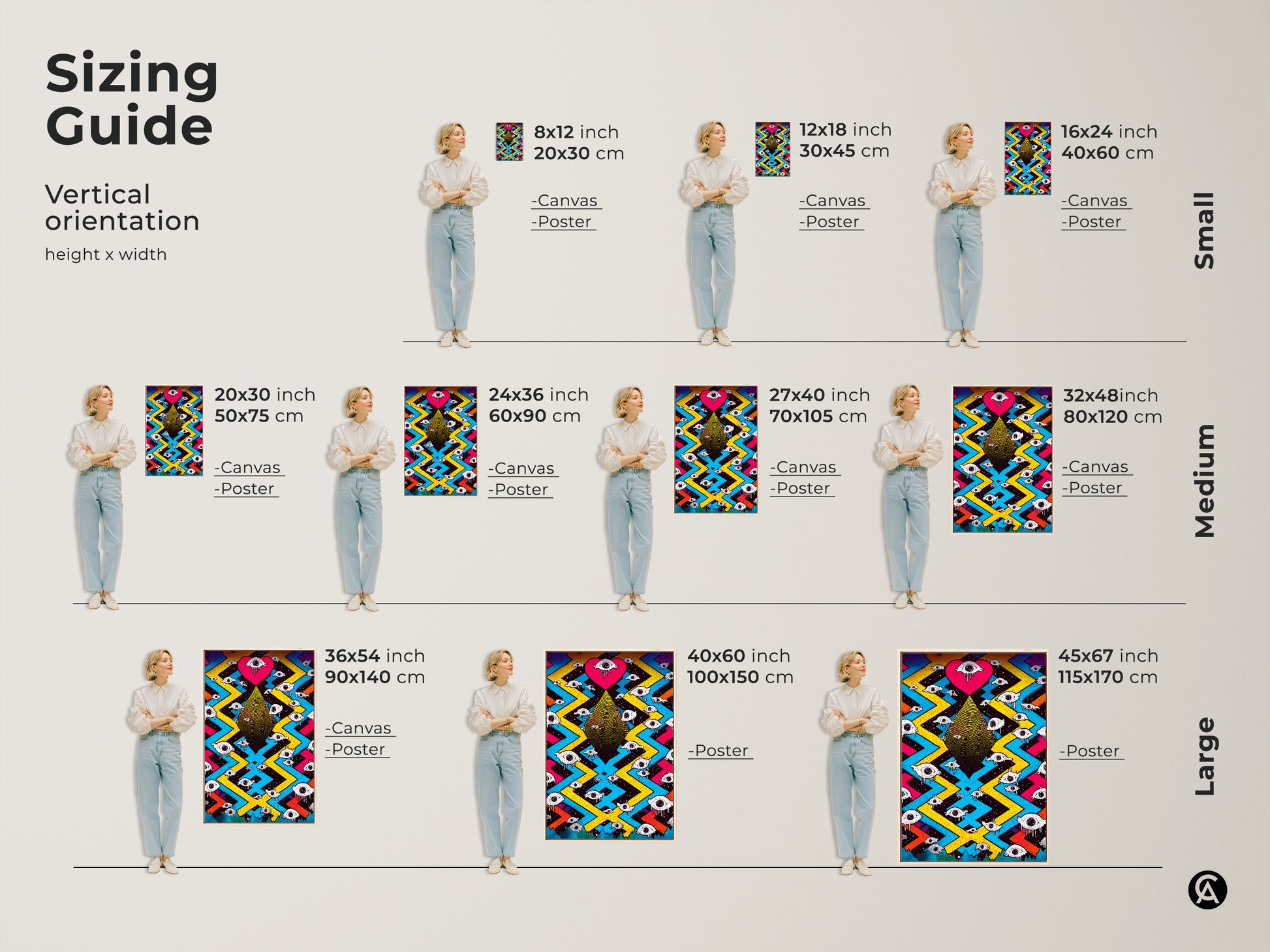 Sizing guide for surreal eye heart artwork in vertical orientation. Available in small medium and large sizes as canvas or poster. Dimensions include 8x12 to 45x67 inches. The psychedelic eclectic bedroom decor fits various spaces. Find the perfect fit for your magenta yellow blue wall art.