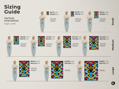 Sizing guide for surreal eye heart artwork in vertical orientation. Available in small medium and large sizes as canvas or poster. Dimensions include 8x12 to 45x67 inches. The psychedelic eclectic bedroom decor fits various spaces. Find the perfect fit for your magenta yellow blue wall art.