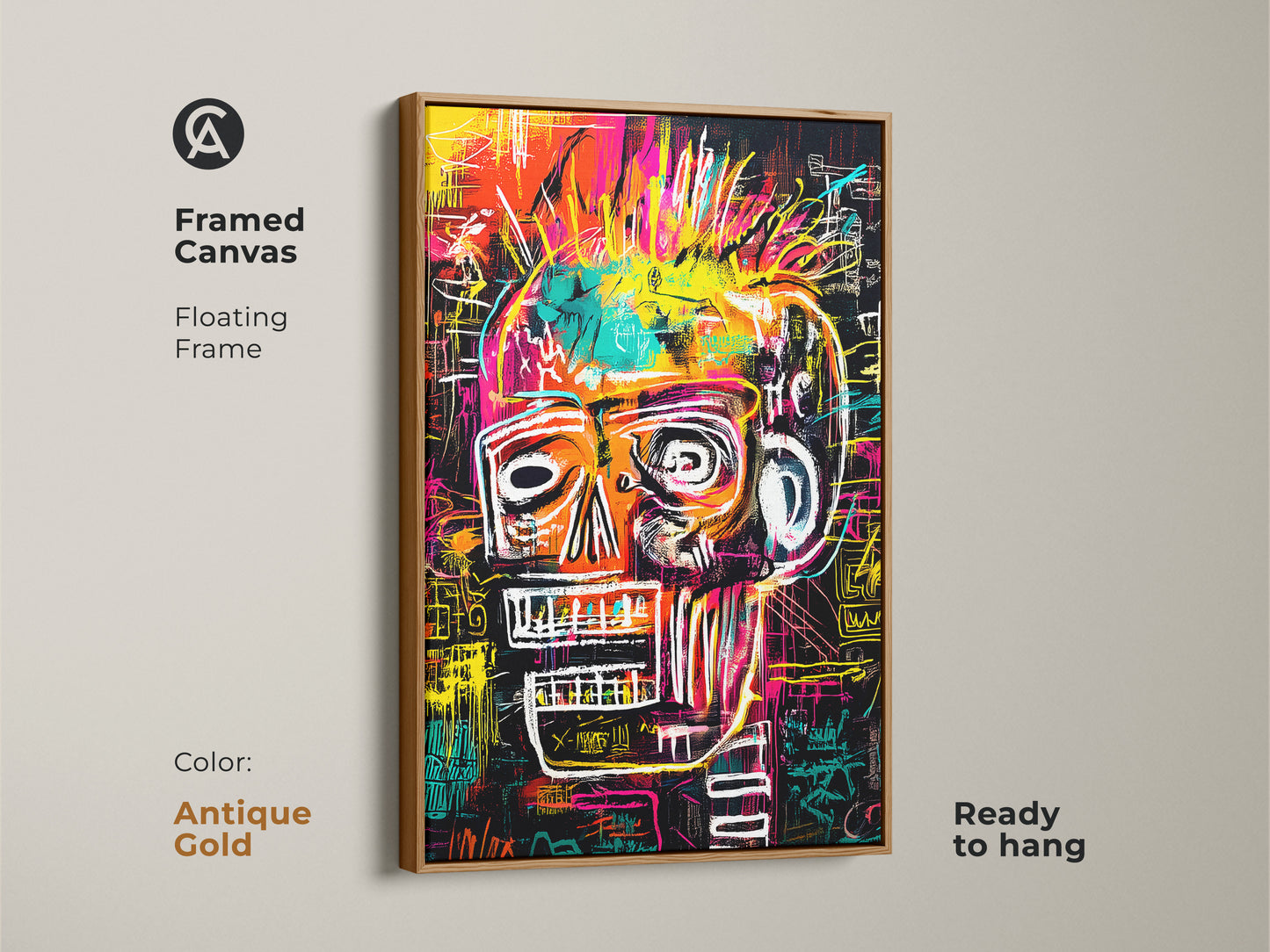 Elevate your decor with this framed skull art in an antique gold floating frame. The artwork is ready to hang. The antique gold frame enhances the piece's bold style. This statement canvas adds a touch of luxury to any room. It's a perfect addition for art collectors.