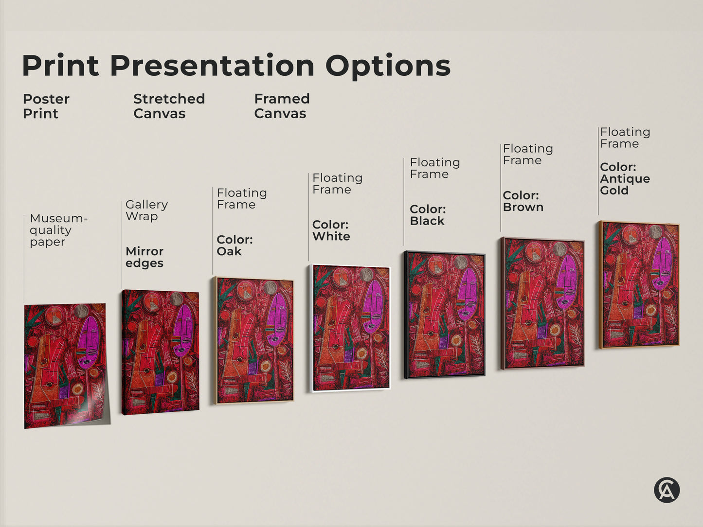 Explore print presentation options for abstract tribal canvas art. Choose from poster prints stretched canvas and framed canvas. These options include gallery wrap museum-quality paper and floating frames.