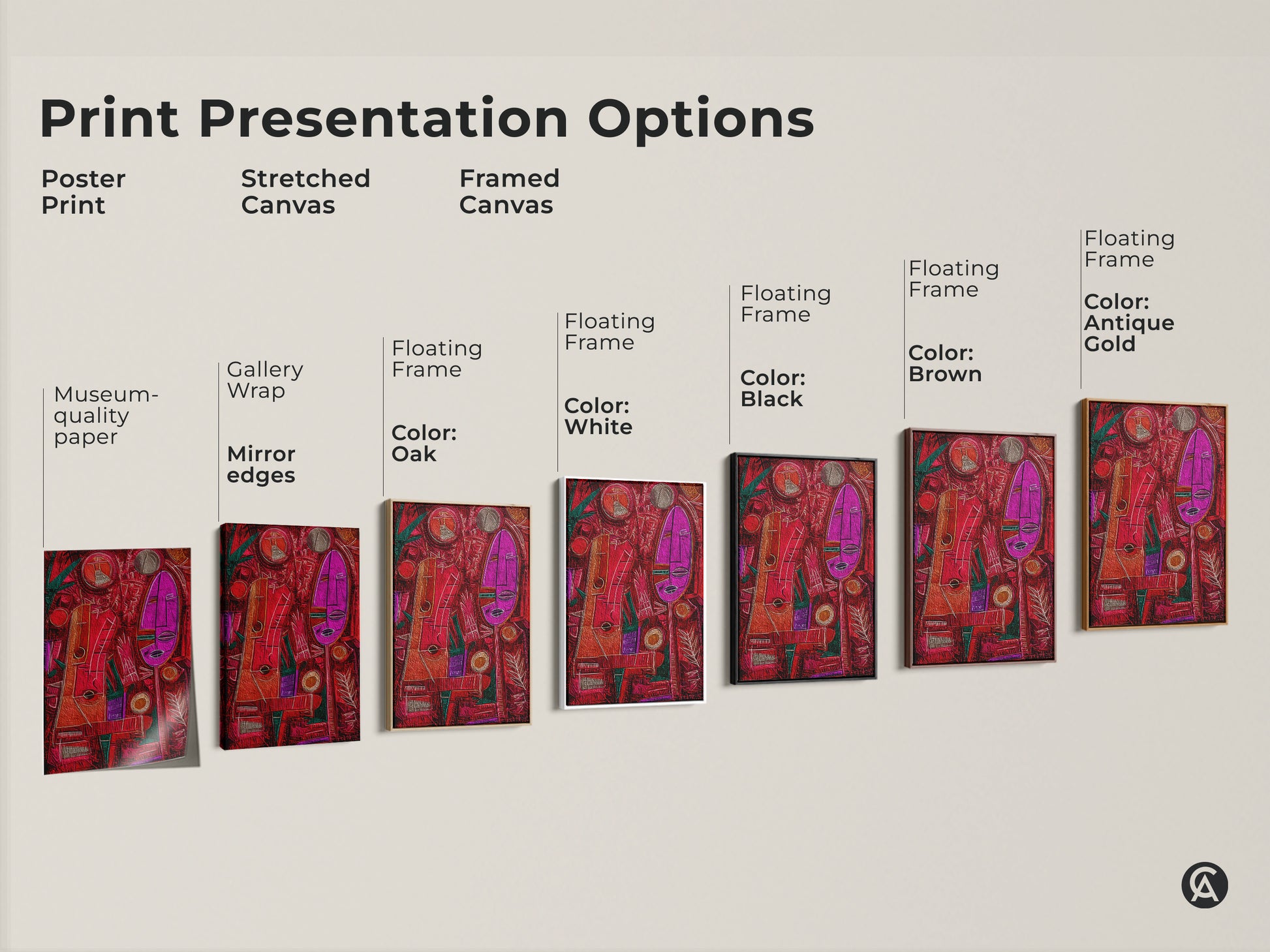 Explore print presentation options for abstract tribal canvas art. Choose from poster prints stretched canvas and framed canvas. These options include gallery wrap museum-quality paper and floating frames.