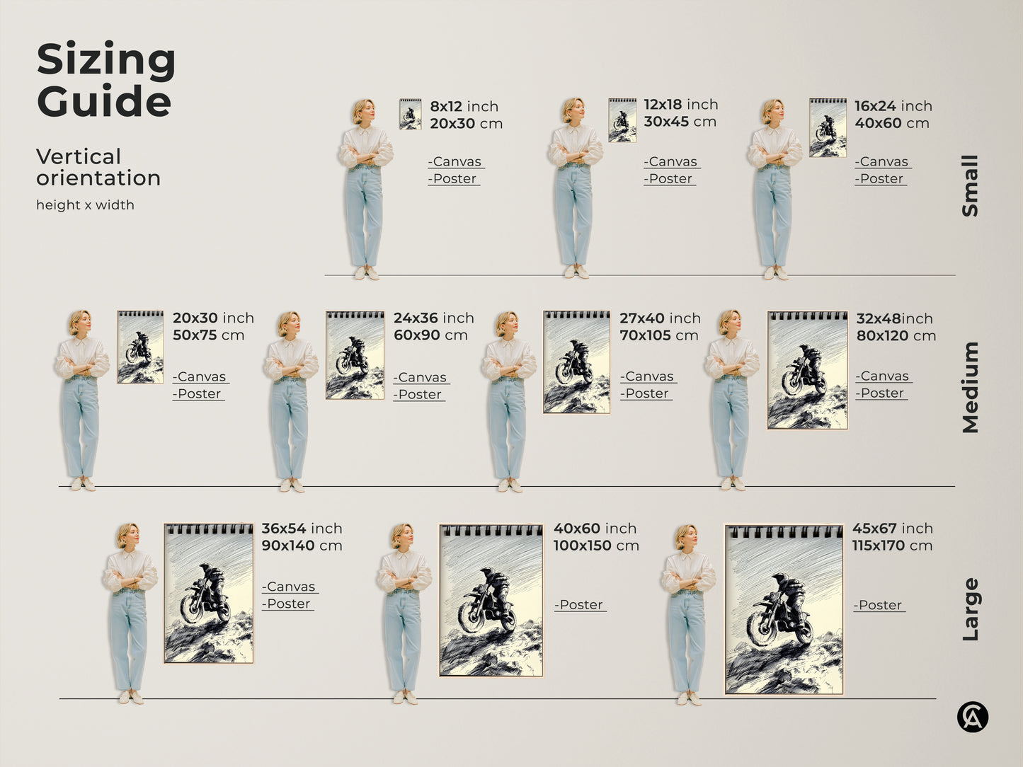 This sizing guide shows Motocross Rider sketch art in various vertical sizes. From small 8x12 inch prints to large 45x67 inch canvases. Find the perfect fit for your space. This black and white ink drawing adds action and adventure to any room or garage.