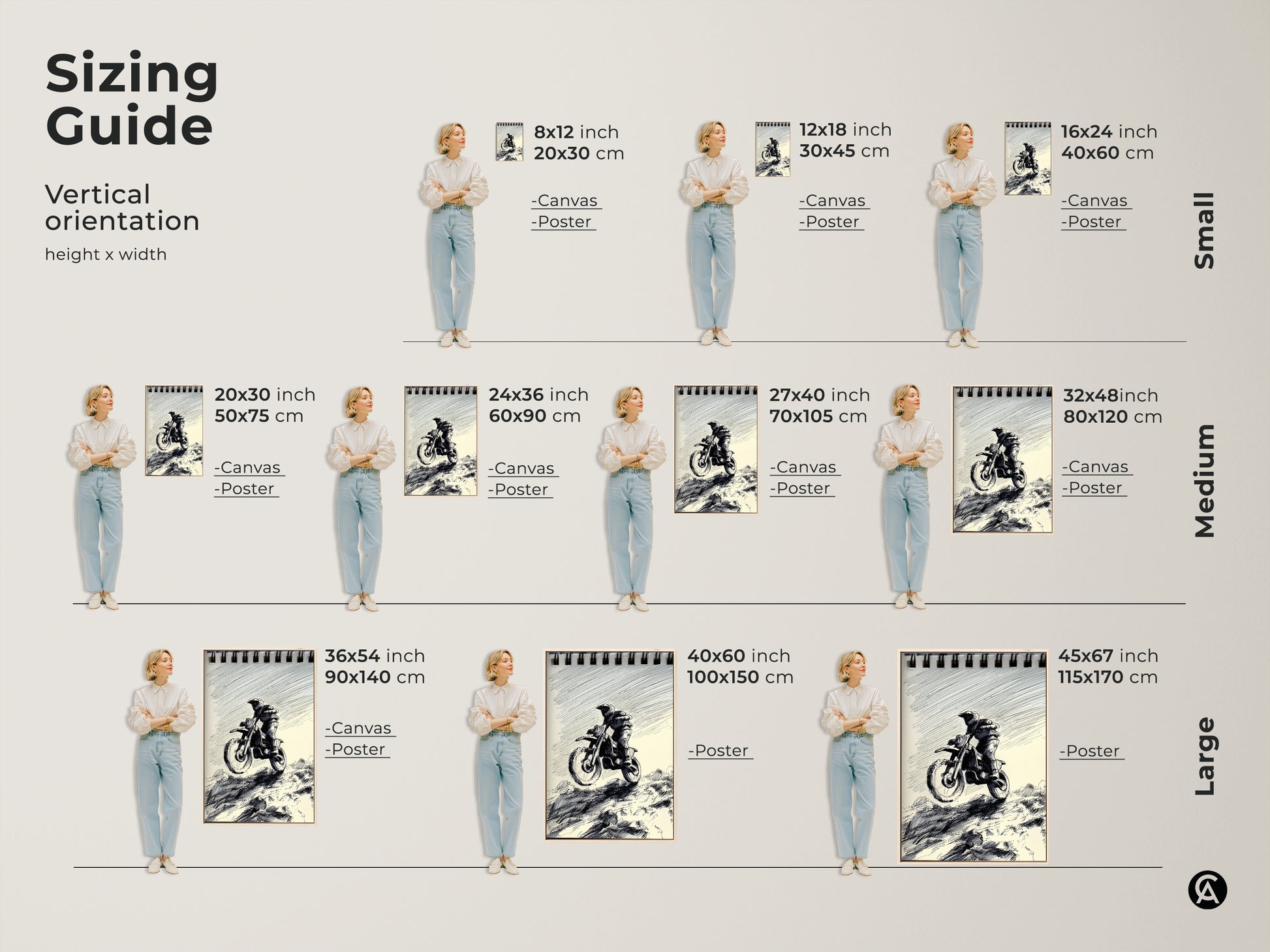 This sizing guide shows Motocross Rider sketch art in various vertical sizes. From small 8x12 inch prints to large 45x67 inch canvases. Find the perfect fit for your space. This black and white ink drawing adds action and adventure to any room or garage.