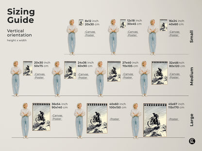 This sizing guide shows Motocross Rider sketch art in various vertical sizes. From small 8x12 inch prints to large 45x67 inch canvases. Find the perfect fit for your space. This black and white ink drawing adds action and adventure to any room or garage.