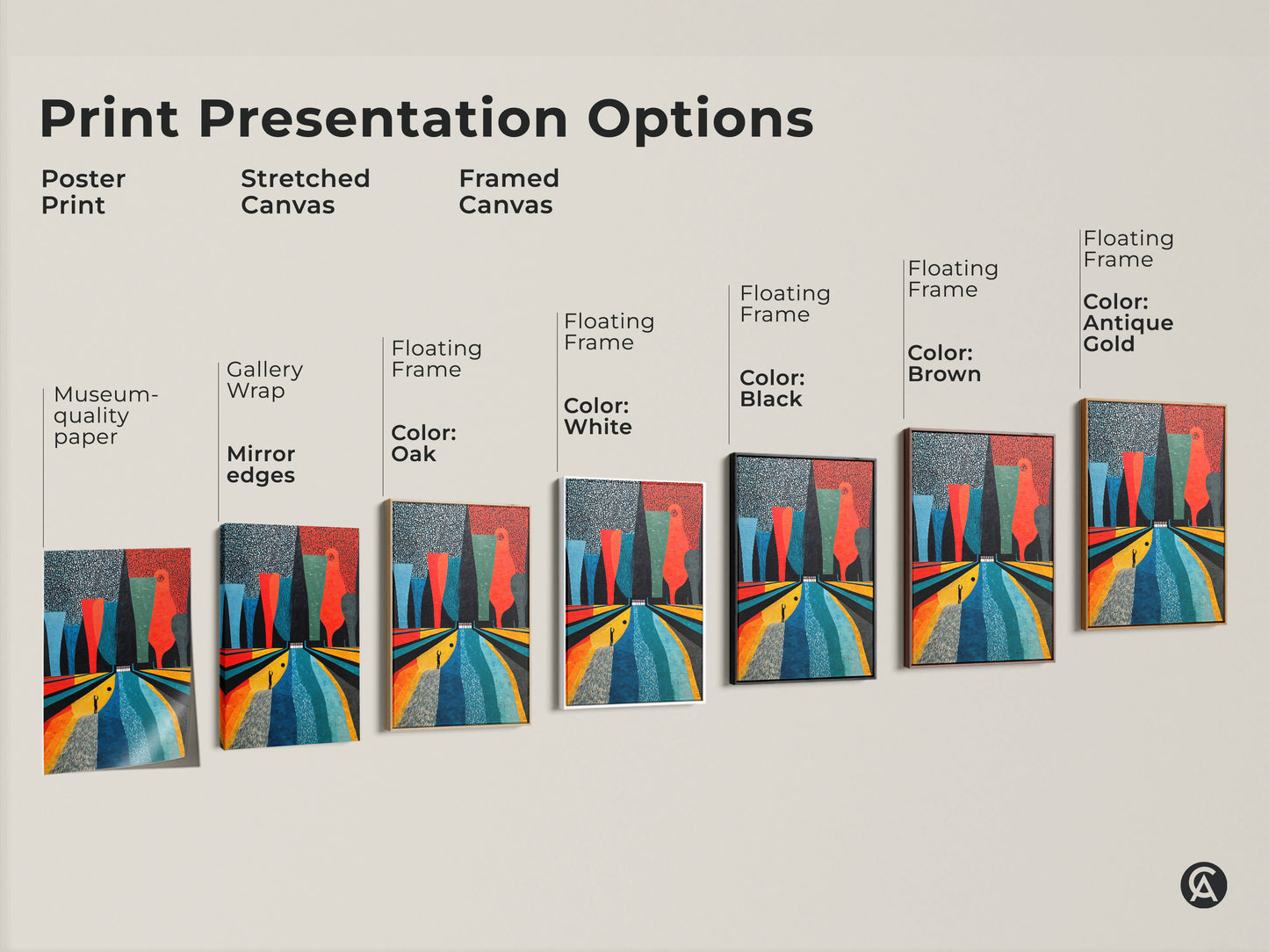 Explore print presentation options for abstract bowling art. Choose from poster prints stretched canvas and framed canvas. Find museum-quality edges gallery wraps and floating frames. Select the color that suits your decor - white black brown or antique gold. Personalize your space with retro Mid-Century Modern artwork.