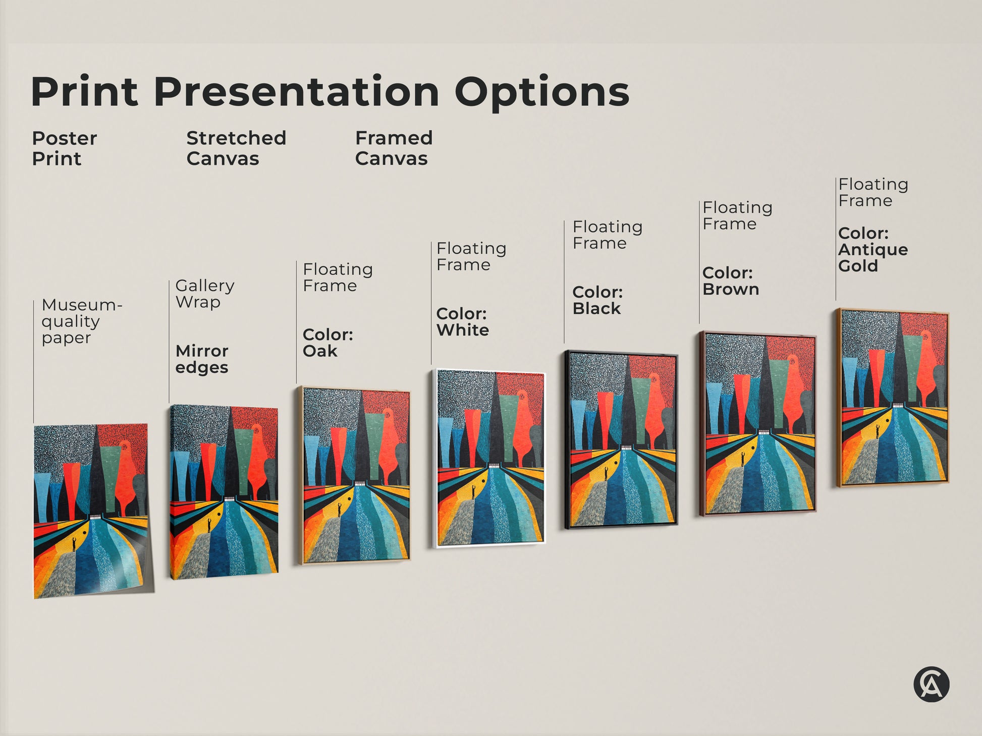 Explore print presentation options for abstract bowling art. Choose from poster prints stretched canvas and framed canvas. Find museum-quality edges gallery wraps and floating frames. Select the color that suits your decor - white black brown or antique gold. Personalize your space with retro Mid-Century Modern artwork.