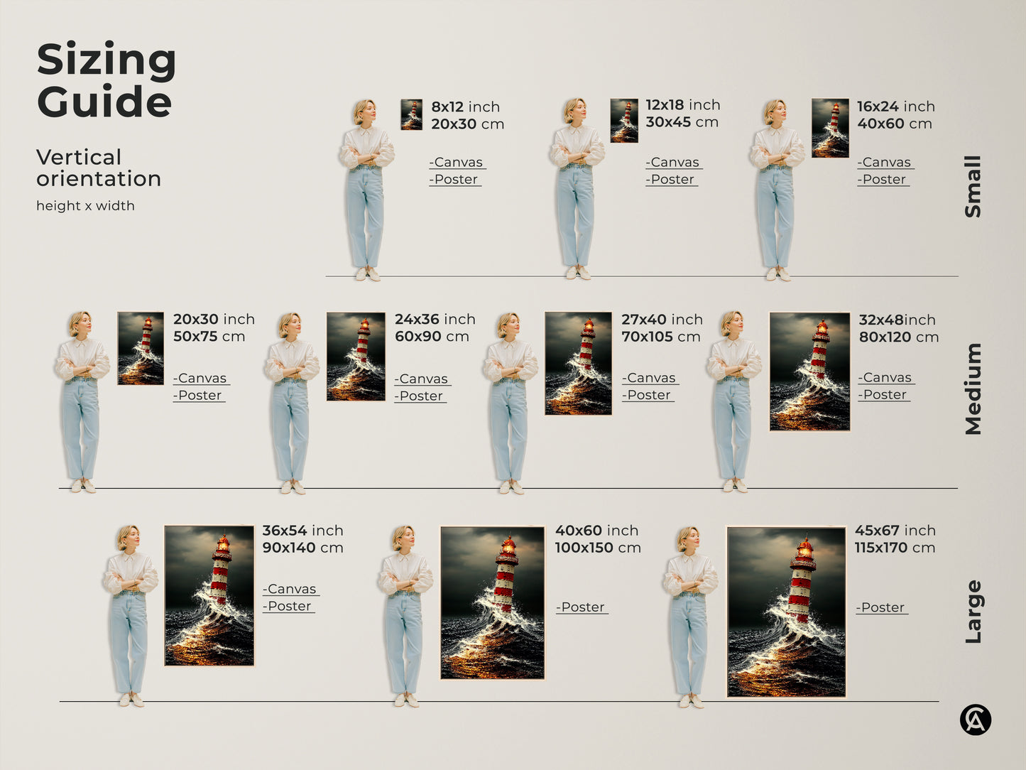 Sizing Guide shows vertical orientation options for canvas and posters. From 8x12 to 45x67 inches this lighthouse artwork will fit any space. Medium and large sizes available.