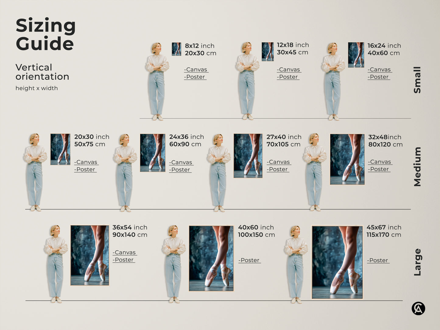 Sizing guide for vertical ballet shoes artwork. Available as canvas or poster in sizes from small to large. Visualize the perfect fit for your space. Find the ideal dimensions for your art print.