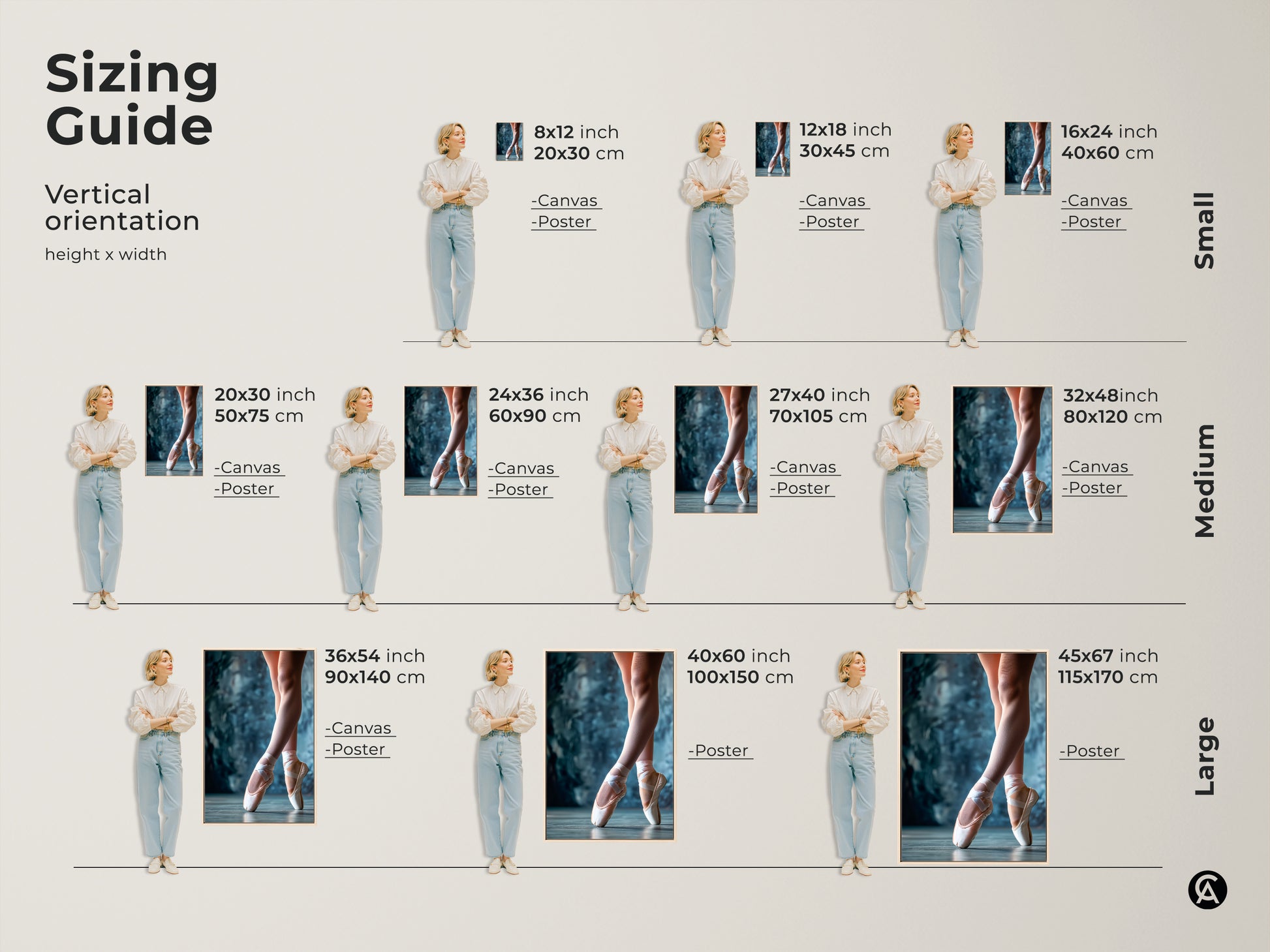 Sizing guide for vertical ballet shoes artwork. Available as canvas or poster in sizes from small to large. Visualize the perfect fit for your space. Find the ideal dimensions for your art print.