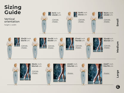 Sizing guide for vertical ballet shoes artwork. Available as canvas or poster in sizes from small to large. Visualize the perfect fit for your space. Find the ideal dimensions for your art print.