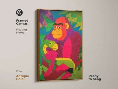 Framed canvas art with an antique gold floating frame. The colorful geometric artwork shows a gorilla holding a baby dinosaur. This vibrant animal wall decor is ready to hang. A unique and artistic gift for kids' rooms.