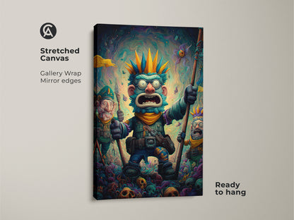 This gallery-wrapped stretched canvas presents a quirky monster art print. The main character is flanked by smaller goblin figures standing on skulls. The mirror edges and ready-to-hang format make it a seamless addition. Elevate your decor with this unique canvas artwork.