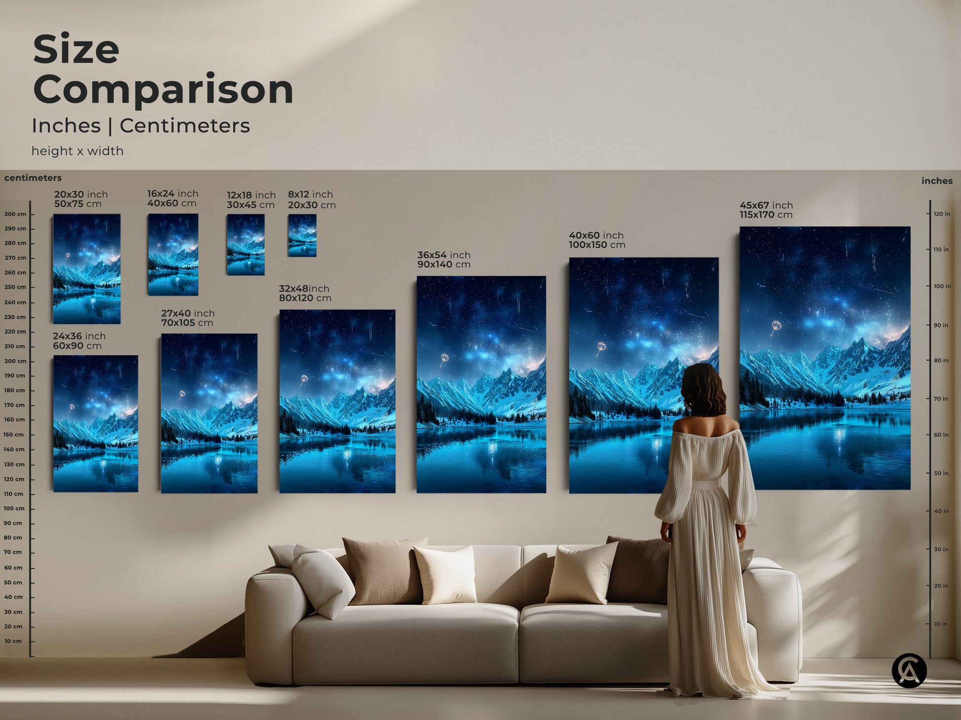 Size Comparison of Fantasy Starry Sky Wall Art. Inches and Centimeters for canvas and poster prints. Sizes range from 8x12 inch to 45x67 inch. See how the celestial lake artwork fits above a couch. Find the perfect sci-fi bedroom decor.