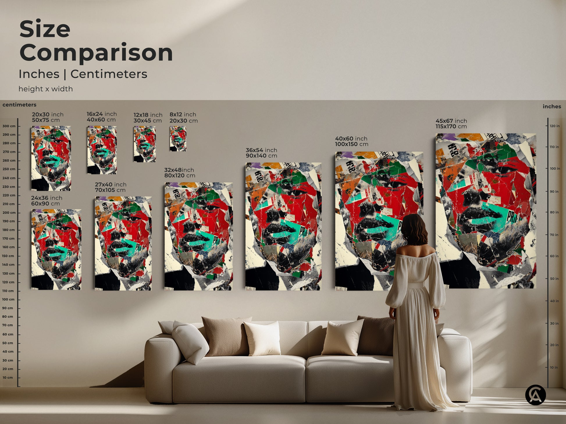 Size comparison of the abstract face collage art print in inches and centimeters. See how the red black and green artwork scales from 8x12 to 45x67 inches. Perfect for making a bold statement in any modern space.