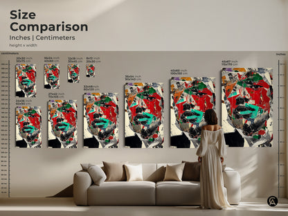 Size comparison of the abstract face collage art print in inches and centimeters. See how the red black and green artwork scales from 8x12 to 45x67 inches. Perfect for making a bold statement in any modern space.