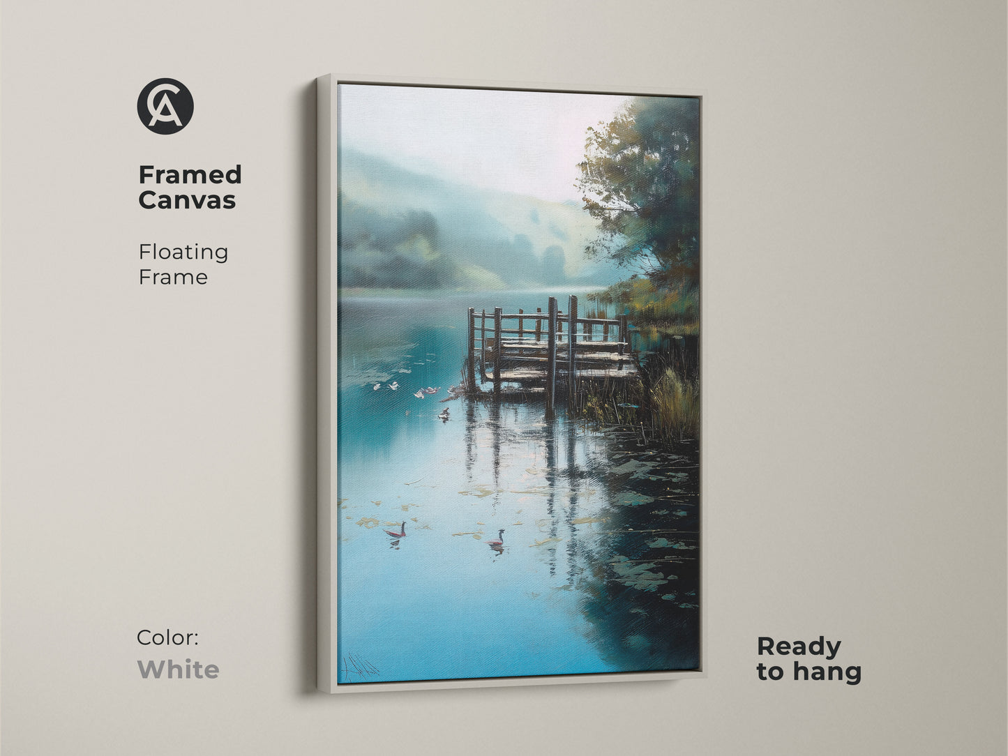 White framed canvas featuring a rustic lake dock. This impressionistic nature landscape print shows geese swimming in the water. Teal blue green nature decor. Ready to hang wildlife bird art for a serene home.