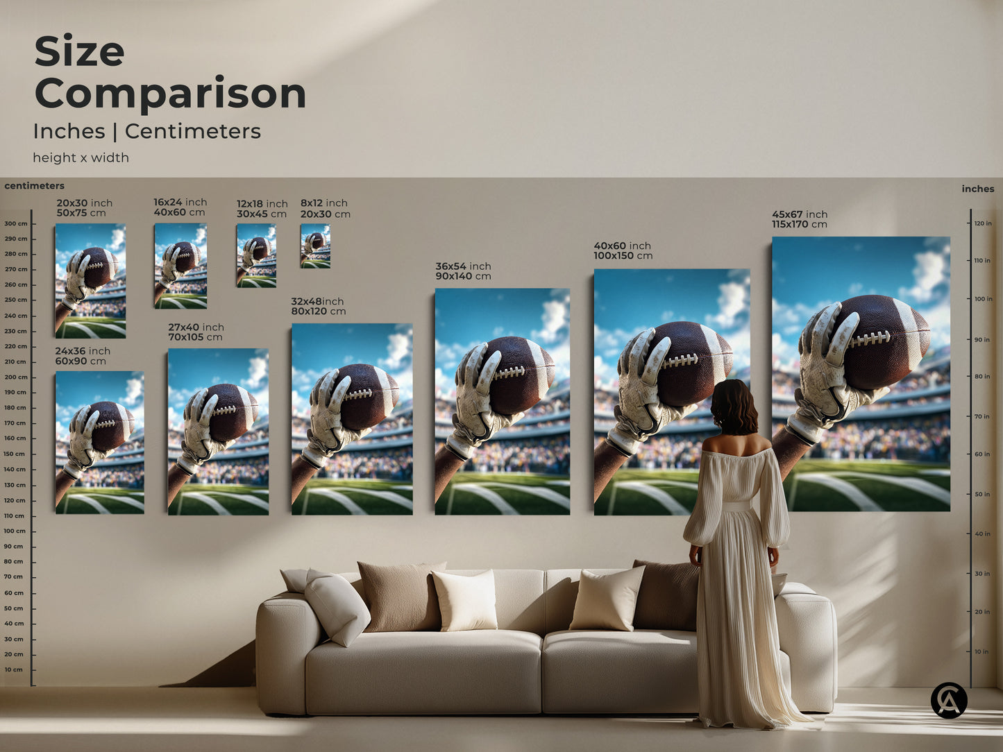 Realistic American Football art print capturing dynamic sports action. Perfect for a man cave office or as a gift for a sports fan. The stadium backdrop enhances the artwork.