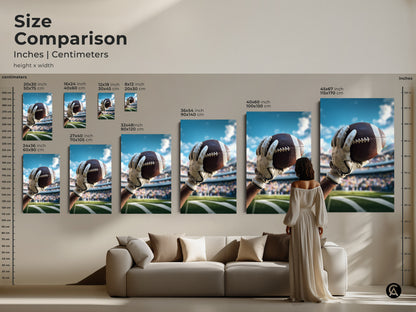 Realistic American Football art print capturing dynamic sports action. Perfect for a man cave office or as a gift for a sports fan. The stadium backdrop enhances the artwork.