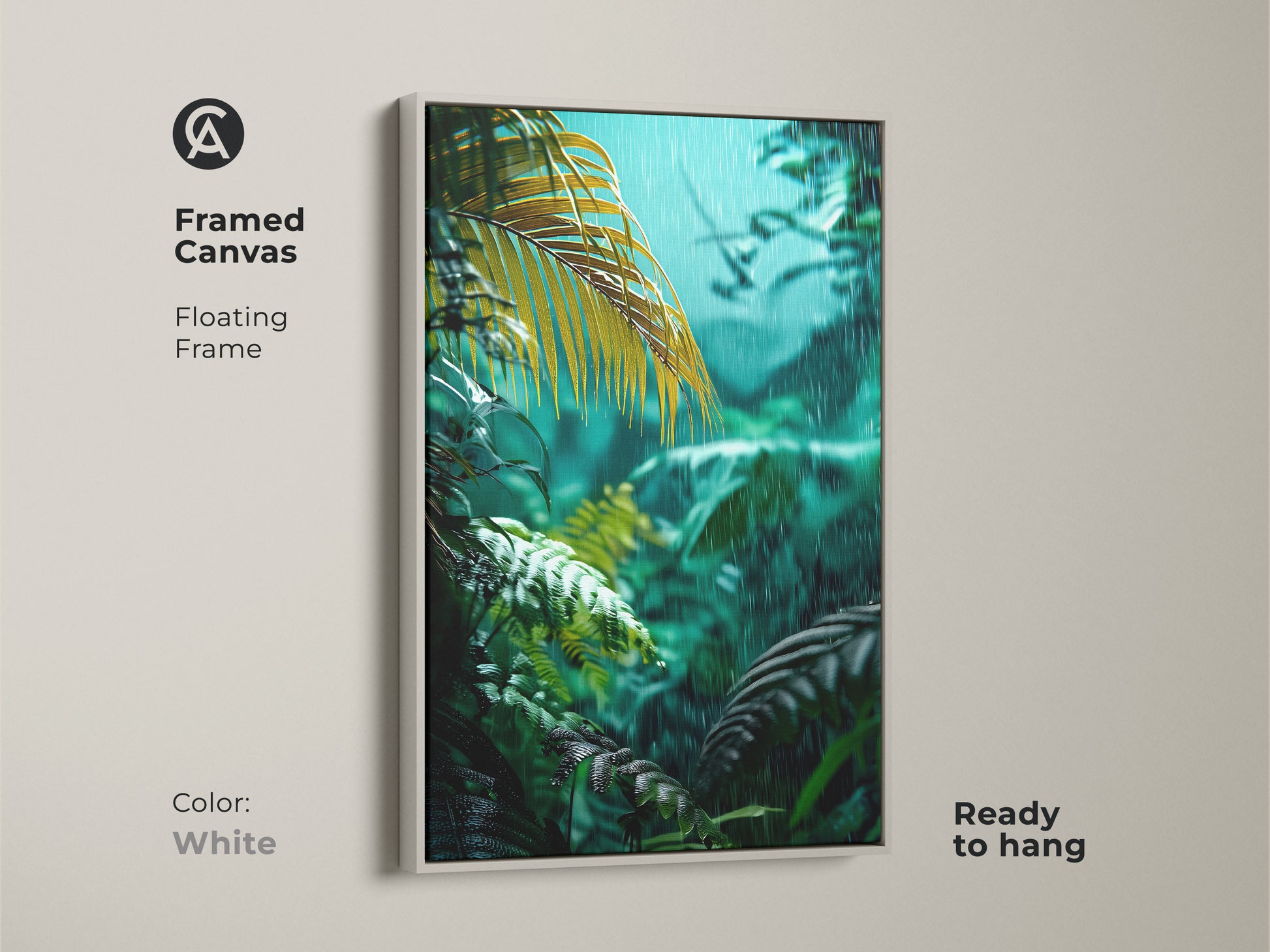 White framed canvas of botanical art for a bedroom. This framed rainforest print option is ready to hang. The emerald and teal tones bring a calming presence to any space. Perfect bedroom or living room art botanical.