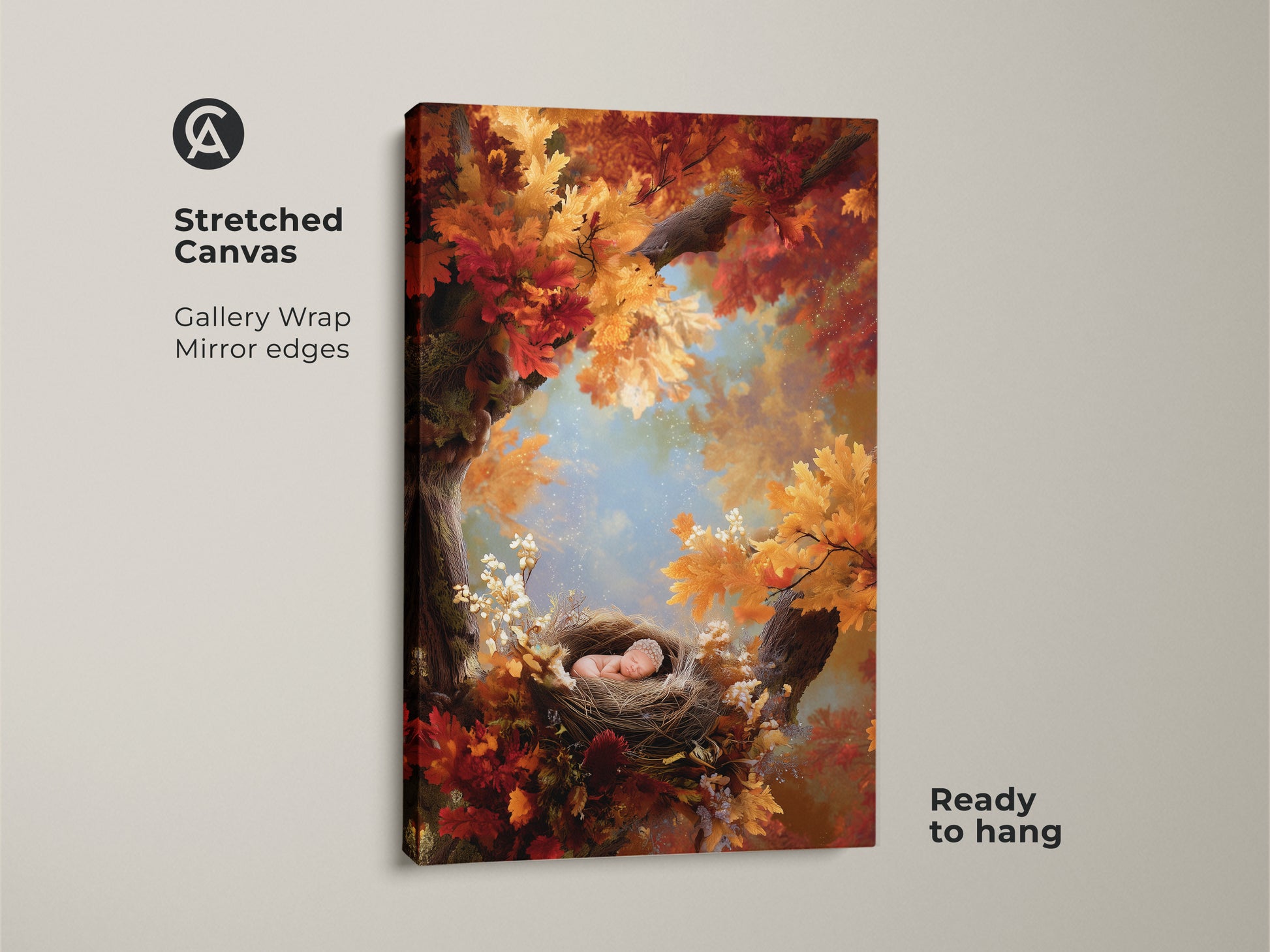 Stretched canvas art featuring a sleeping baby in a nest. It is set within an autumn tree with colorful leaves. Gallery wrapped with mirrored edges this artwork is ready to hang. This beautiful piece is perfect for a nursery.
